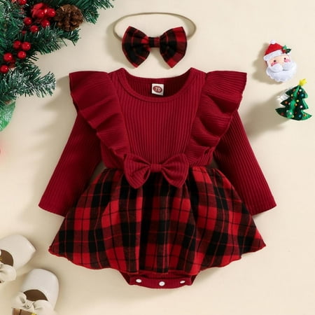 

BULLPIANO 2Pcs Baby Summer Outfit O-Neck Long Sleeves Strip and Plaid Suspenders Skirt Romper + Hairband for Toddler Girls 0-24 Months