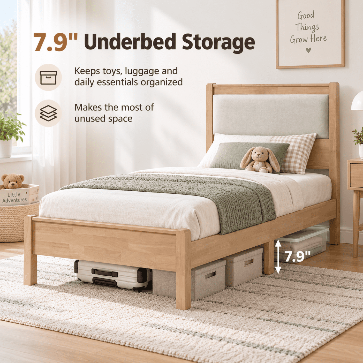 Miniyam Twin XL Rubberwood Platform Bed Frame with Padded Upholstered Headboard, Natural
