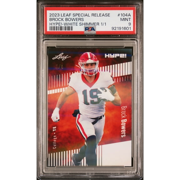 PSA 9 Brock Bowers 2023 Leaf Hype! #104A White Shimmer 1/1 Rookie Card