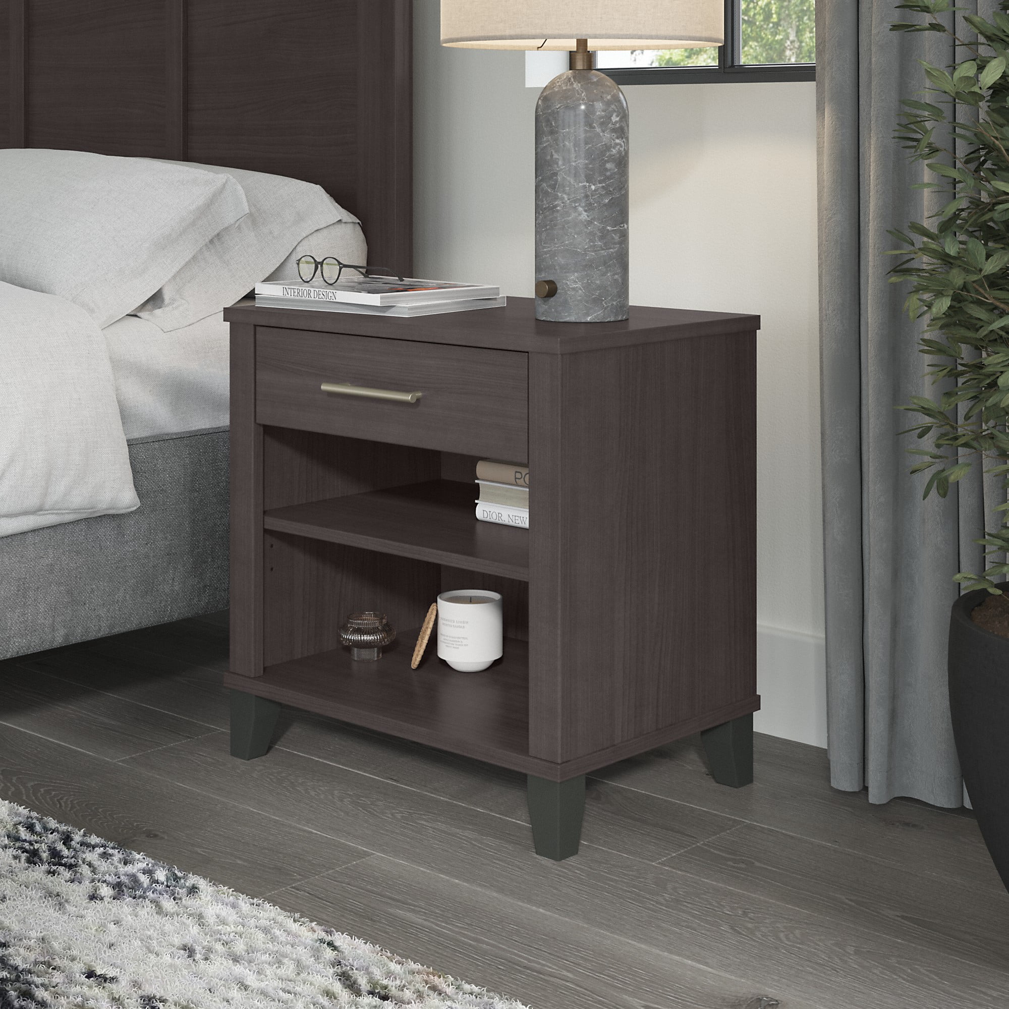 Bush Furniture Somerset Nightstand with Drawer and Shelves in Storm