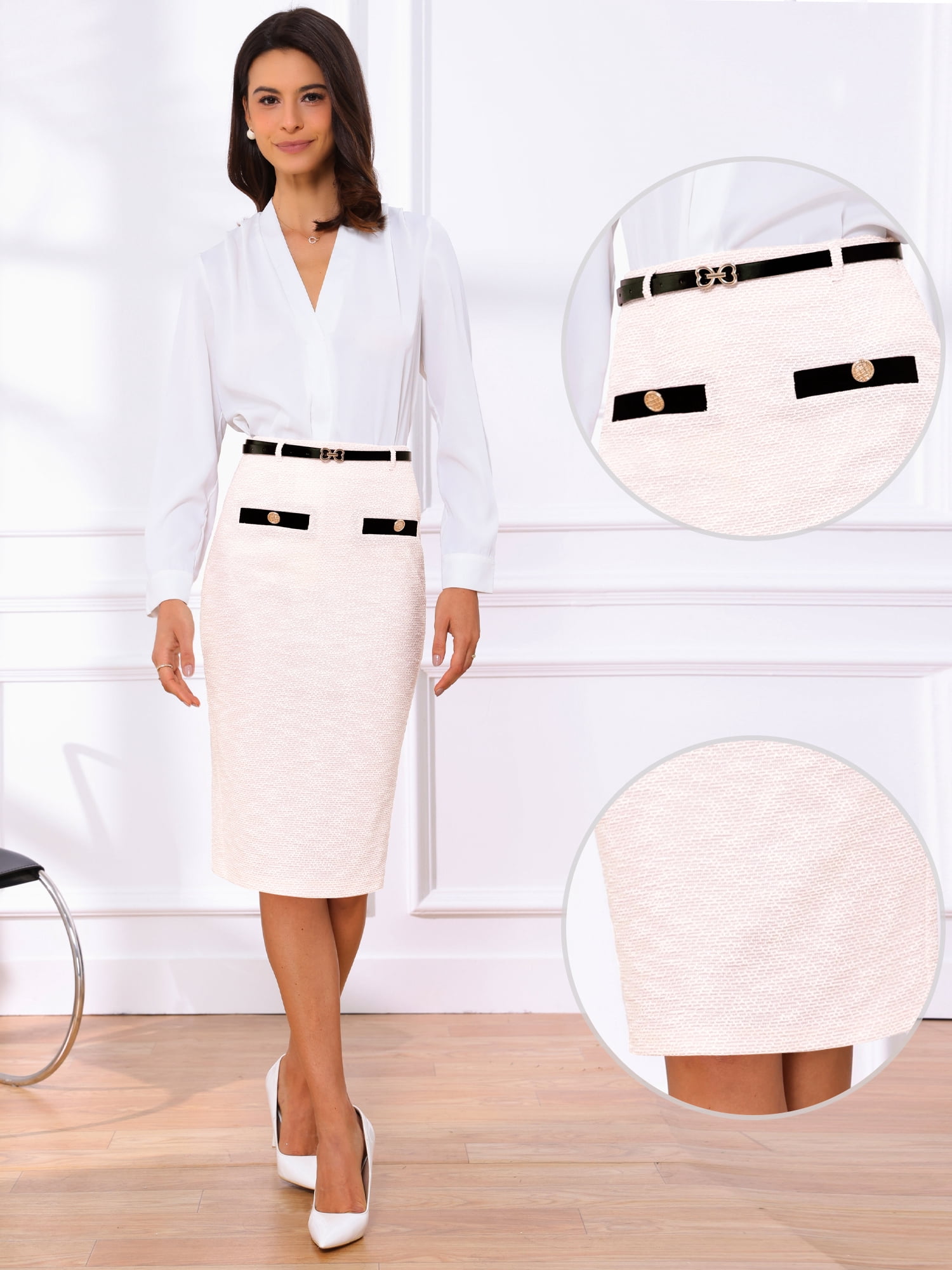 DARING DIVA Women's Knee Length Tweed Skirt with Belt Decor Large Light Pink