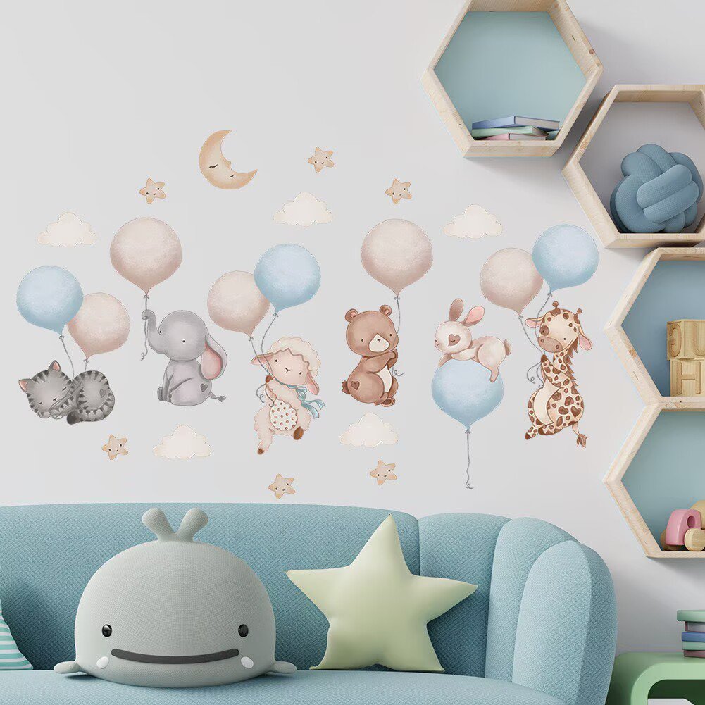 woodland forest wall decal, watercolor Animal balloon decals, baby nursery wall sticker, removable wall decal for kids, woodland animal mural, forest theme bedroom decor