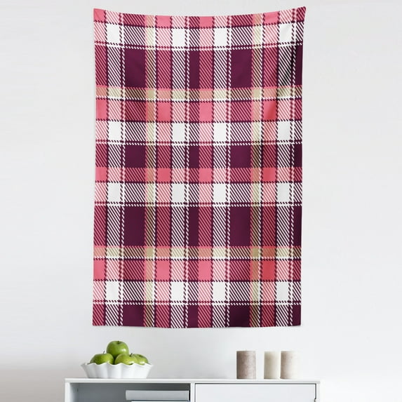 Checkered Tapestry, Old Fashioned Style Garment Pattern Traditional Plaid Geometric Squares, Fabric Wall Hanging Decor for Bedroom Living Room Dorm, 5 Sizes, Pink Maroon White, by Ambesonne