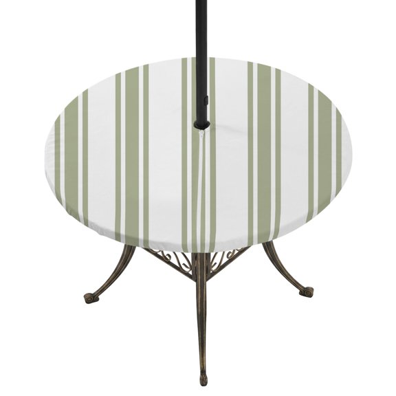 Round Outdoor Tablecloth with Umbrella Hole and Zipper, Sage Green Striped Tablecloth with Elastic Waterproof, Farmhouse Aesthetic Modern Stripes Patio Table Covers for 36" - 44" Picnic Pool Tables