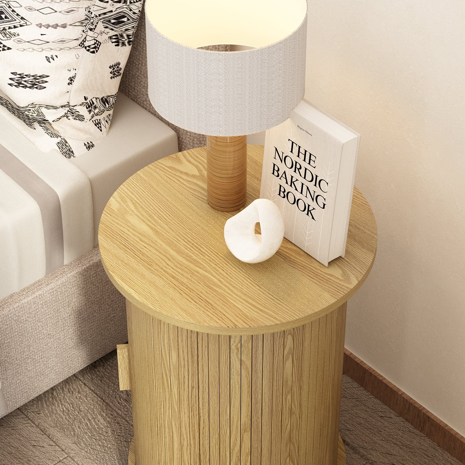 18'' Fluted Round End Tables with Sliding Door, Modern Side Table Nightstands for Living Room Bedroom,Natural
