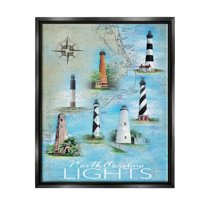 Stupell Industries North Carolina Lighthouses Map Graphic Art Jet Black Floating Framed Canvas Print Wall Art, Design by Erica Christopher