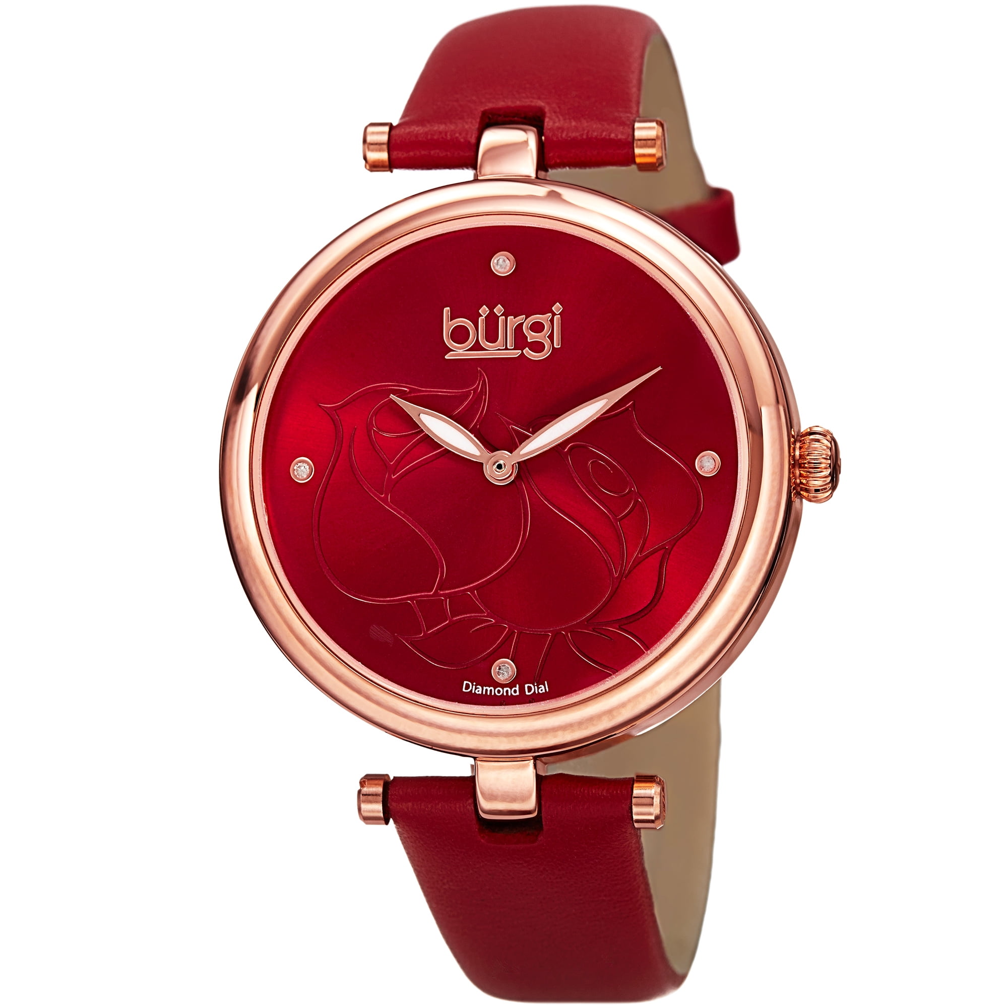 Burgi - Women's Quartz Floral Rose Design Leather Red Strap Watch ...