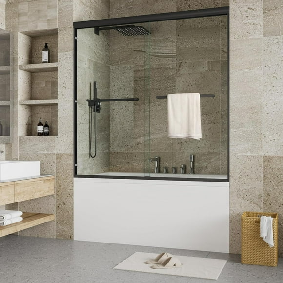 Porte de Douche Coulissante, Porte Coulissante Double Semi-Sans Cadre en Verre avec Verre Trempé Transparent de 1/4 Pouces (6 mm), Quincaillerie en Acier Inoxydable pour Salle de Bain