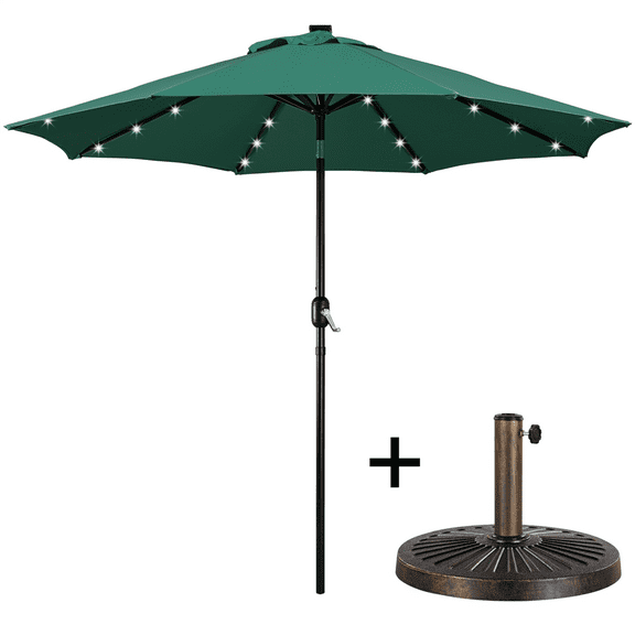 Renwick 9ft Outdoor Market Patio Umbrella with 32 LED Lights and Base Stand, Dark Green