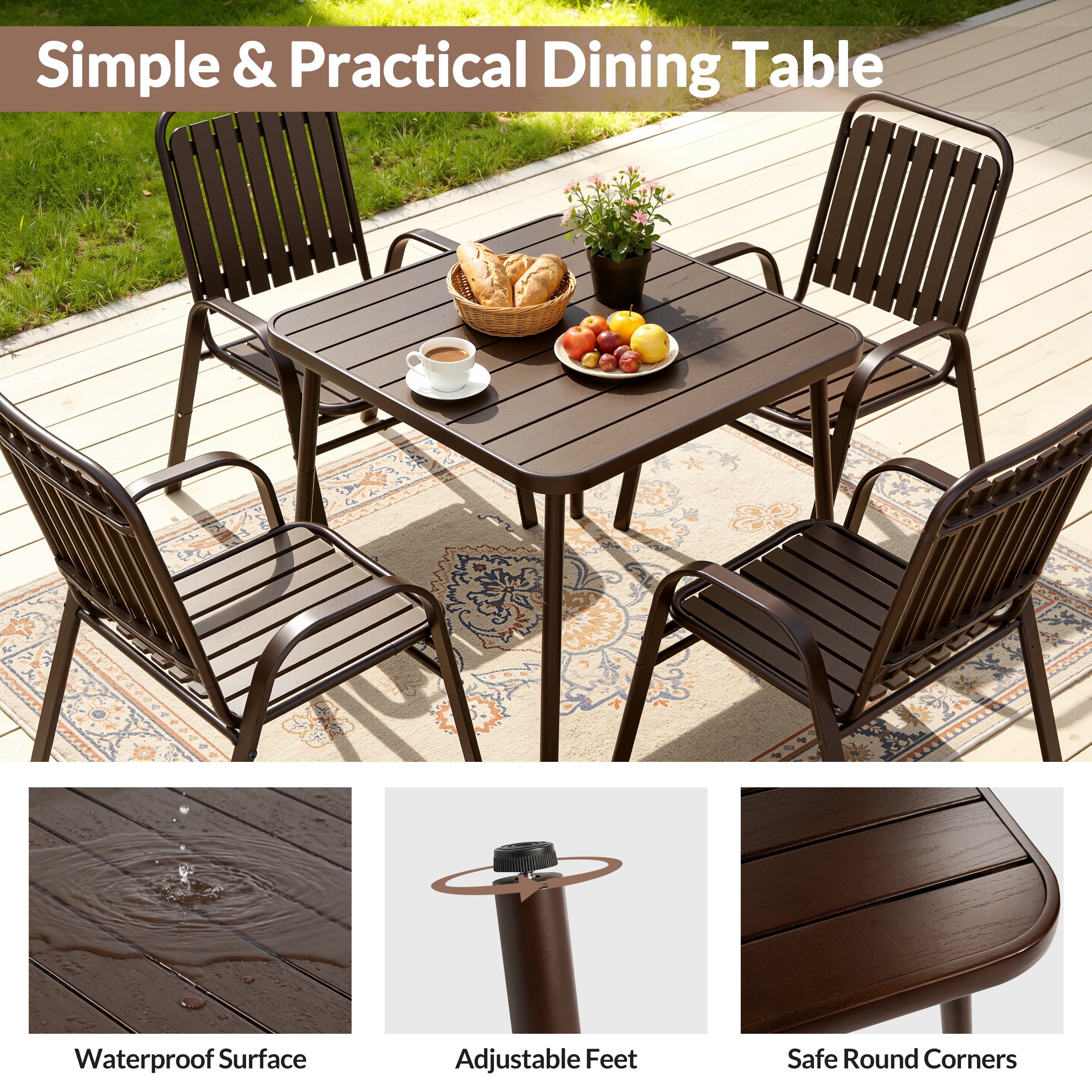 5 Piece Outdoor Dining Set, Patio Furniture Set with 4 Armrest Chairs and Steel Slat Table, All-Weather Conversation Set for Patio, Backyard, Deck, Poolside - Brown