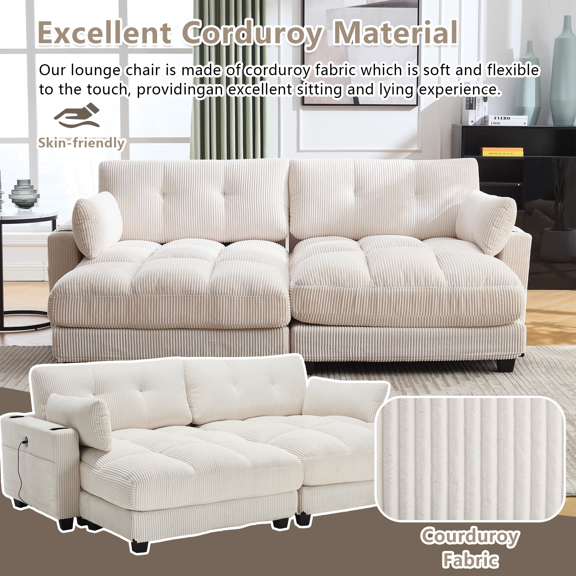 MOONMISS Corduroy Upholstered Soft Deep Seat Sleeper Loveseats Sofa with USB,Type-C&Cup Holders-Beige