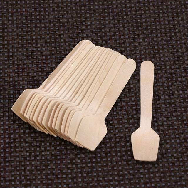 TEHAUX 80Pcs Beige Wooden Spoon for Ice Cream and Dessert with Long Handle Design