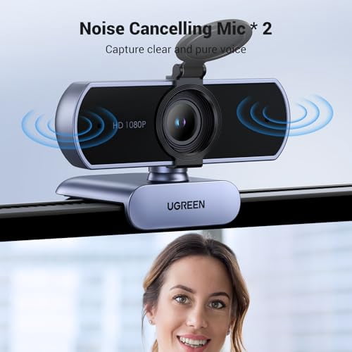 UGREEN Full HD 1080P Webcam with Microphone, 2 Noise-Canceling Mics, 85 °   Fov & Fixed Focus, Plug and Play, Auto Light Correction, Privacy Cover PC Camera for Zoom/Skype/Teams, Switch 2