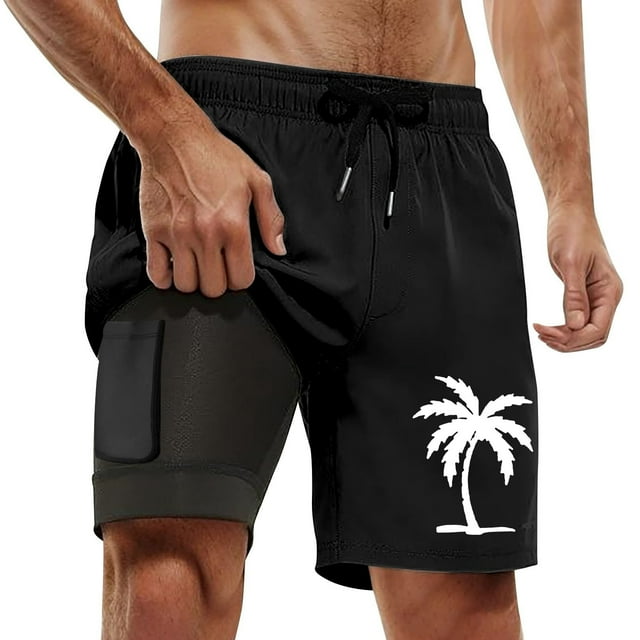 Mens Board Shorts Male Summer Plus Size Sports Coconut Tree Print Double Beach Pants Short Homme Black XL