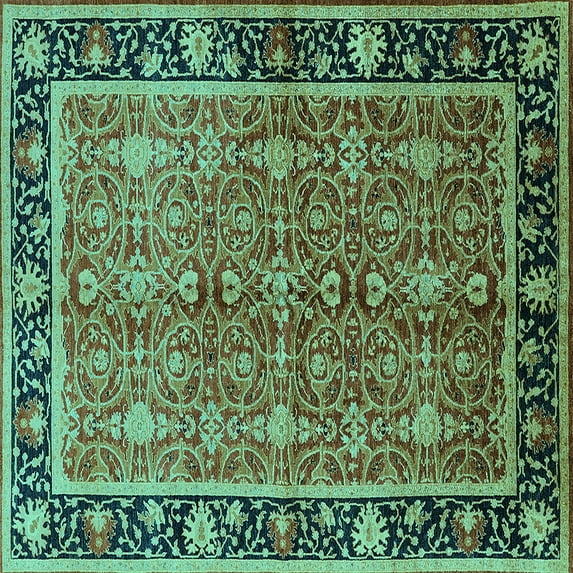 Ahgly Company Machine Washable Indoor Square Oriental Turquoise Blue Industrial Area Rugs, 7' Square