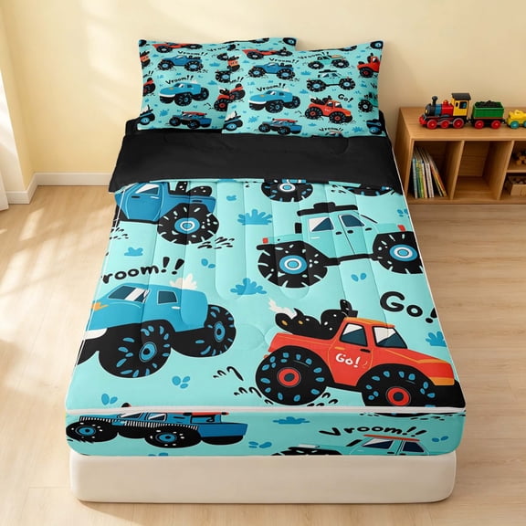 Erosebridal Monster Truck Zipper Twin Comforter Sets with Fitted Sheet and 2 Pillowcases, Off-Road Zipper Bedding Set, Light Blue, Black Reversible