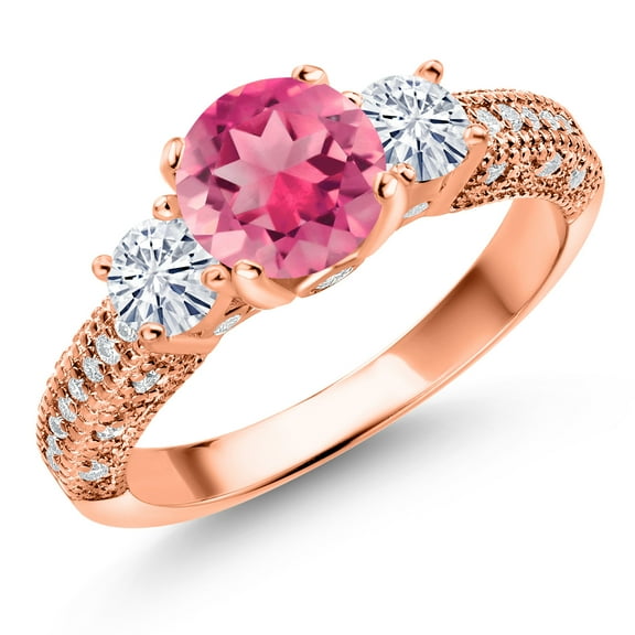 Gem Stone King 18K Rose Gold Plated Silver Pink Mystic Topaz and White Moissanite Engagement Ring for Women (2.19 Cttw, Gemstone, Round 7MM and 4MM, Size 8)