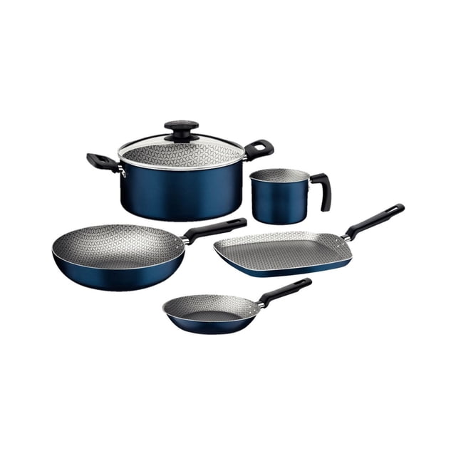 Batería De Cocina Malta Azul 6 piezas Sartenes Bífera Olla y Hervidor Aluminio Antiadherente Starflon Max mangos de baquelita y asas brindan seguridad y un manejo cómodo