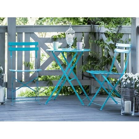 Bistro Stackable - Outdoor Patio 3 Piece Bistro Set Blue Steel Round Table and Stackable Chairs Fiori