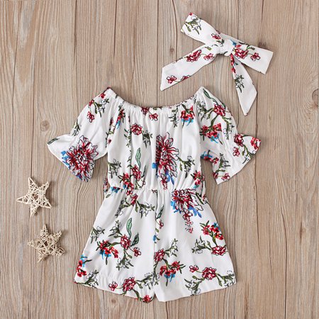 

NIUREDLTD 1-5Y Toddler Baby Kids Girls Red Flower Floral Printed Short Sleeves Rompers Jumpsuit Bow Tie Two Pieces Set Suit