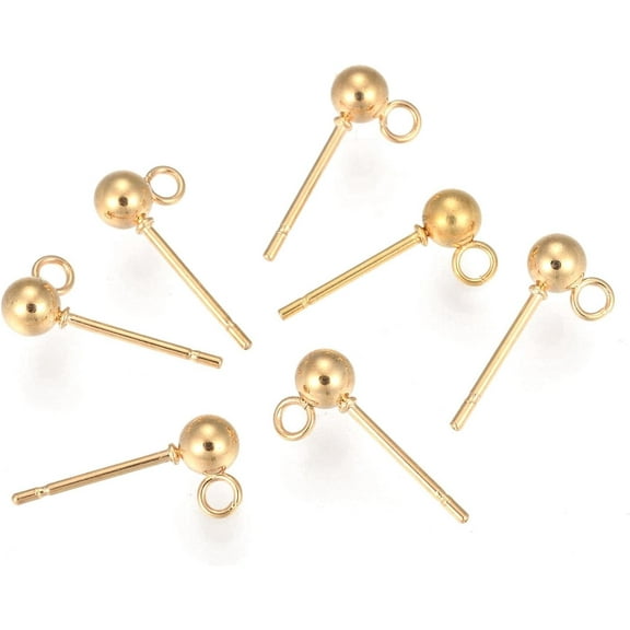 10Pcs Round Ball Post Earrings 15mm Real 18K Gold Plated 201 Stainless Steel Stud Earring Findings with 304 Stainless Steel Pins and Loop for DIY Earrings Jewelry Making