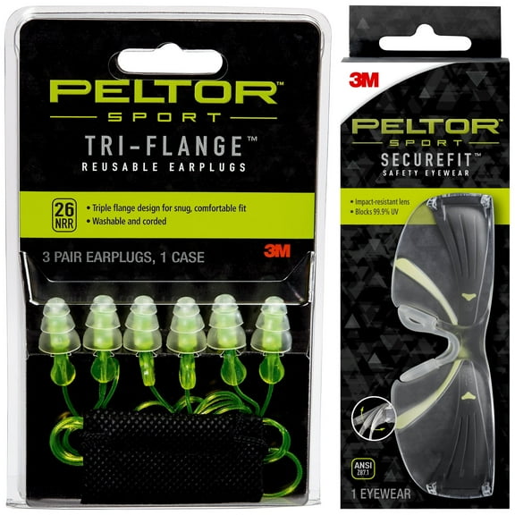 Peltor Sport Tri-Flange Corded Reusable Earplugs, Neon Yellow, NRR 26 dB, 3 Pairs with Peltor Sport SecureFit Safety Eyewear, Black/Green Frame, Clear Polycarbonate Anti-Fog Lens, 1 Pair