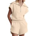 thumbnail image 1 of Women Two Piece Outfits Tracksuit Half Zip Lapel Cap Sleeve Sweatshirt High Waist Drawstring Shorts Set Sweatsuit, 1 of 6