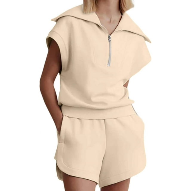 Women Two Piece Outfits Tracksuit Half Zip Lapel Cap Sleeve Sweatshirt High Waist Drawstring Shorts Set Sweatsuit