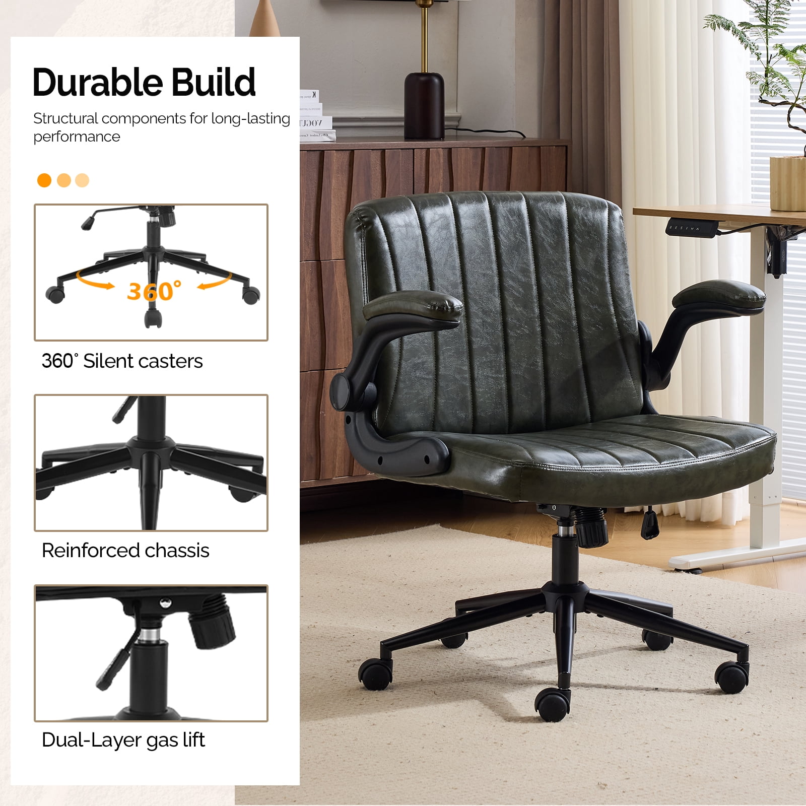 Ktaxon PU Office Desk Chair , Flip-Top Armrest Task Chair on Metal Star Base, Adjustable Height & Quiet Casters for Study Dark Green