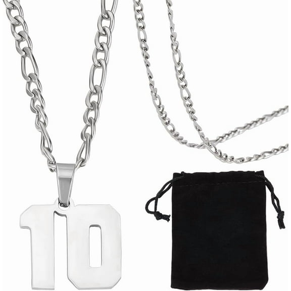 1Box 1Pcs Figaro Chain 304 Stainless Steel Silver Athletes Sport Personalized Jersey Number 10 with Rope for Men Jewelry Baseball Basketball Football Team Inspiration Gifts