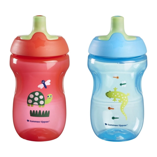 Tommee Tippee Sporty Spout Water Bottle, 2x10oz, 12 Months+ Non-Spill Toddler Sippy Cups with Bite-Resistant Spout, Easy-Hold and BPA Free, Assorted Color