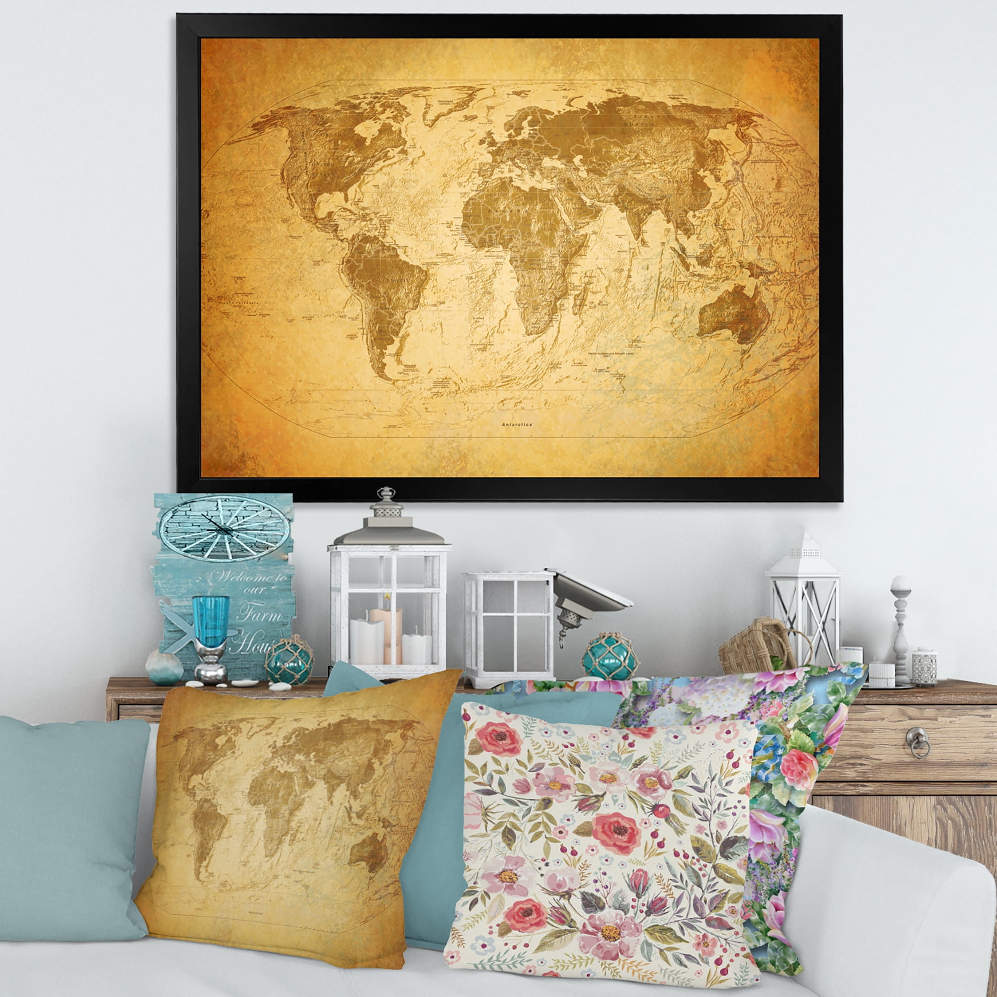 Designart 'Ancient World Map X' Vintage Framed Art Print