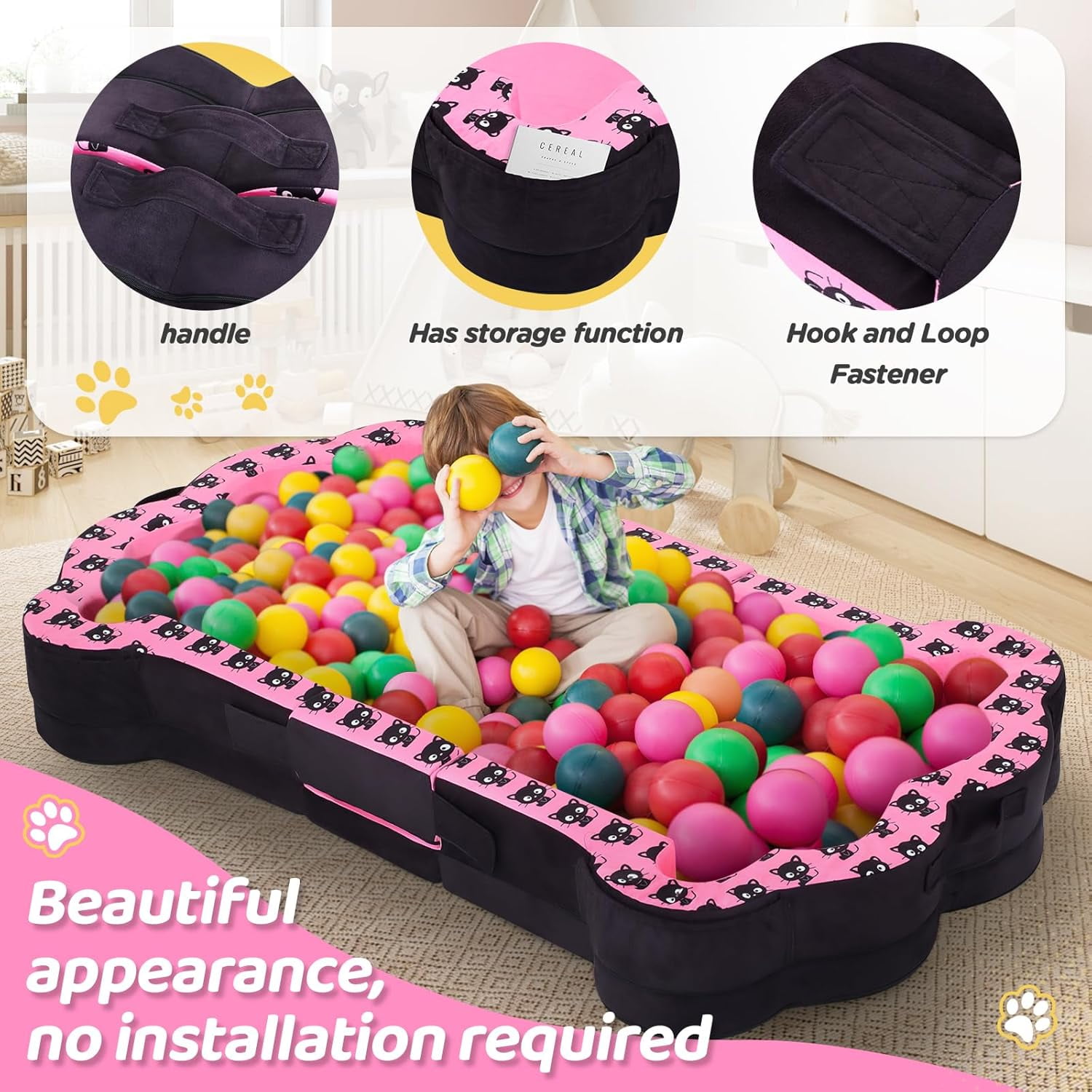 Datingday Black Pink Portable Toddler Bed,Soft,Safe and Washable Toddler Floor Bed for Toddlers,Foldable Toddler Travel Bed for 1-3 Kids(Black,S)