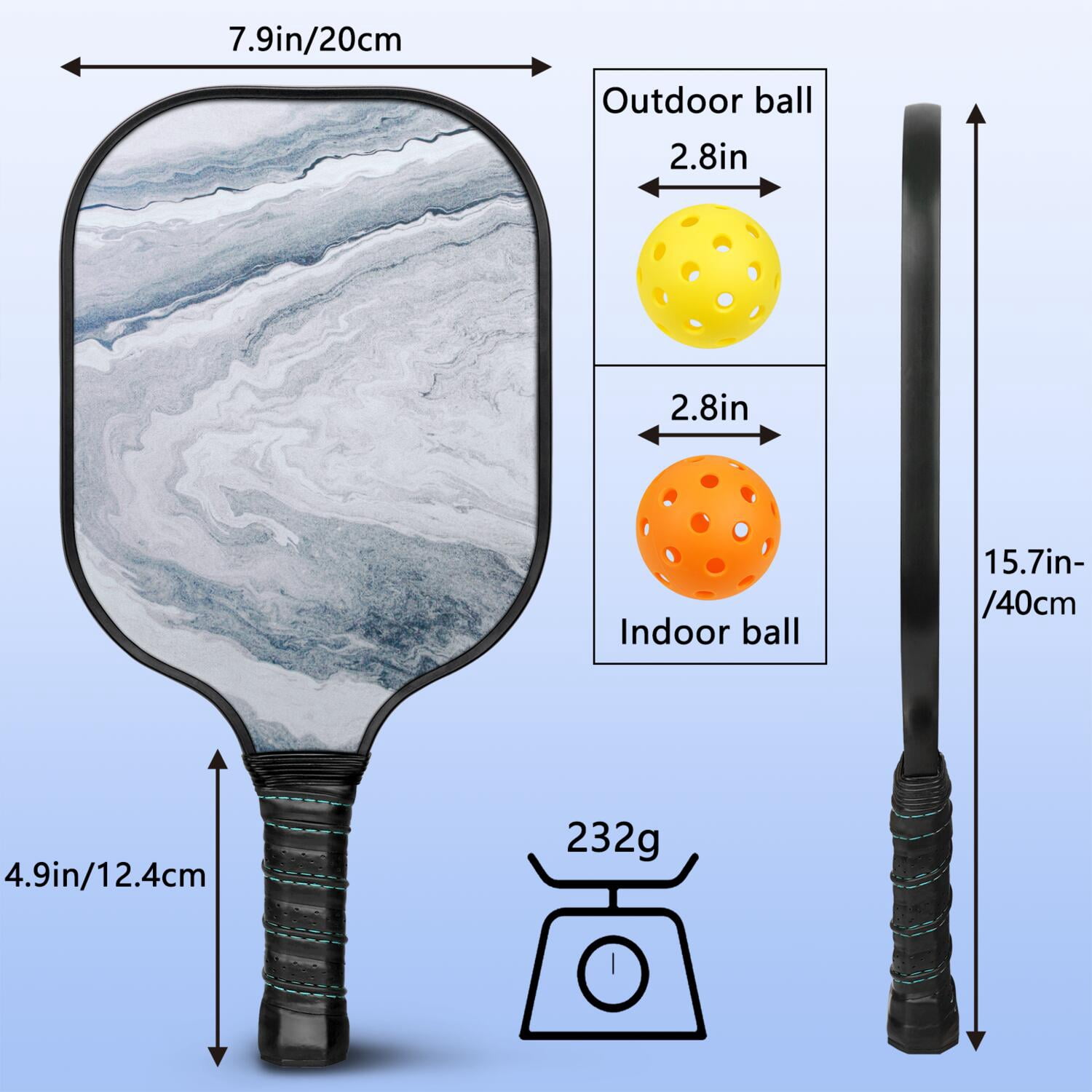 Pickleball Paddles Set Of 2, Fiberglass Surface, Turquoise Marble Pattern, 4 Balls & Bag