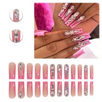RAGUPEL 24Pcs Glue on Nails for Women,Diamond-Accented Square Nails,Pink Tip Long Nails,Nail Press Ons for Daily Life,Dating,Party,Taking Pictures,Style2