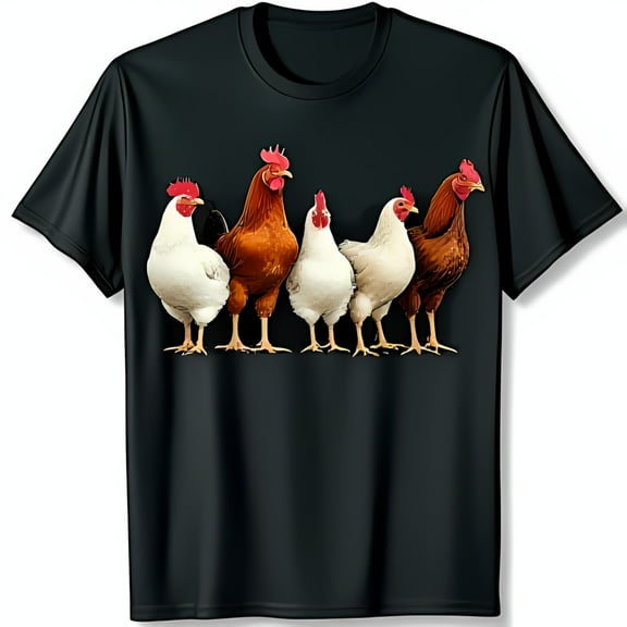 Unique Chickens Graphic T-Shirt Detailed Flock Design on Black Tee