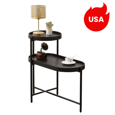 Tcbosik 2-Tier Sofa Side Table, Nightstand with Storage Shelf, End Table with Metal Frame for Living Room Bedroom, Black