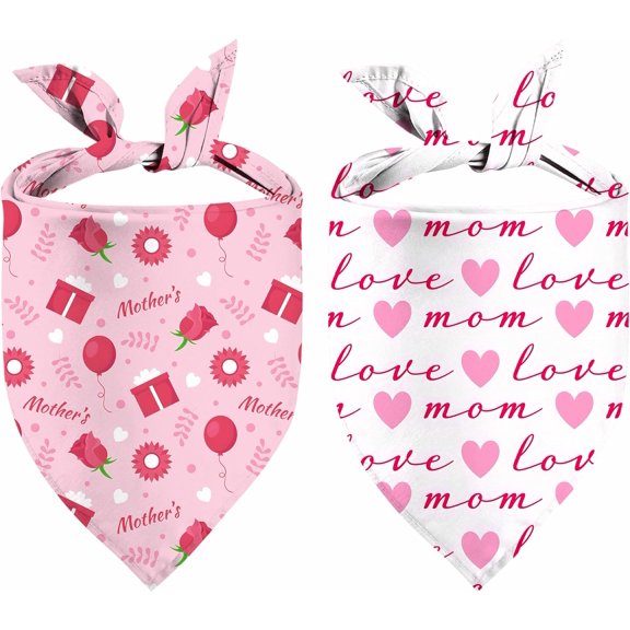 Mothers Day Dog Bandanas 2 Pack, Reversible I Love My Mom Pet Scarf for Boy and Girl, Valentines Day Bandana for Small Medium Large and Extra Large Dogs