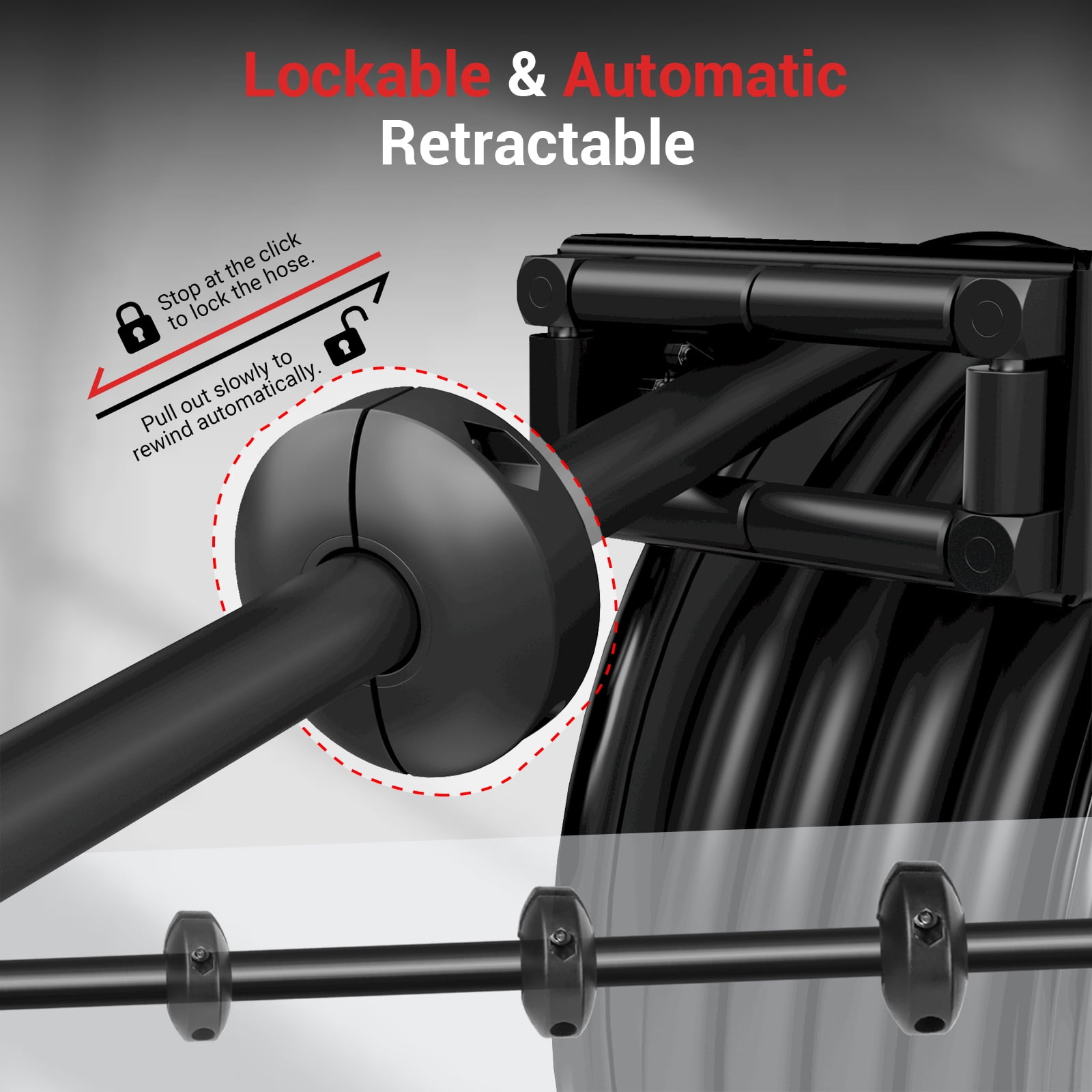 Fuel Hose Reel, 3/4" x 50', Retractable Diesel Hose Reel, Heavy-Duty Carbon Steel Construction with Automatic Fuel Nozzle, NBR Rubber Hose for Aircraft Ship Vehicle Tank Truck, 300 PSI, Black