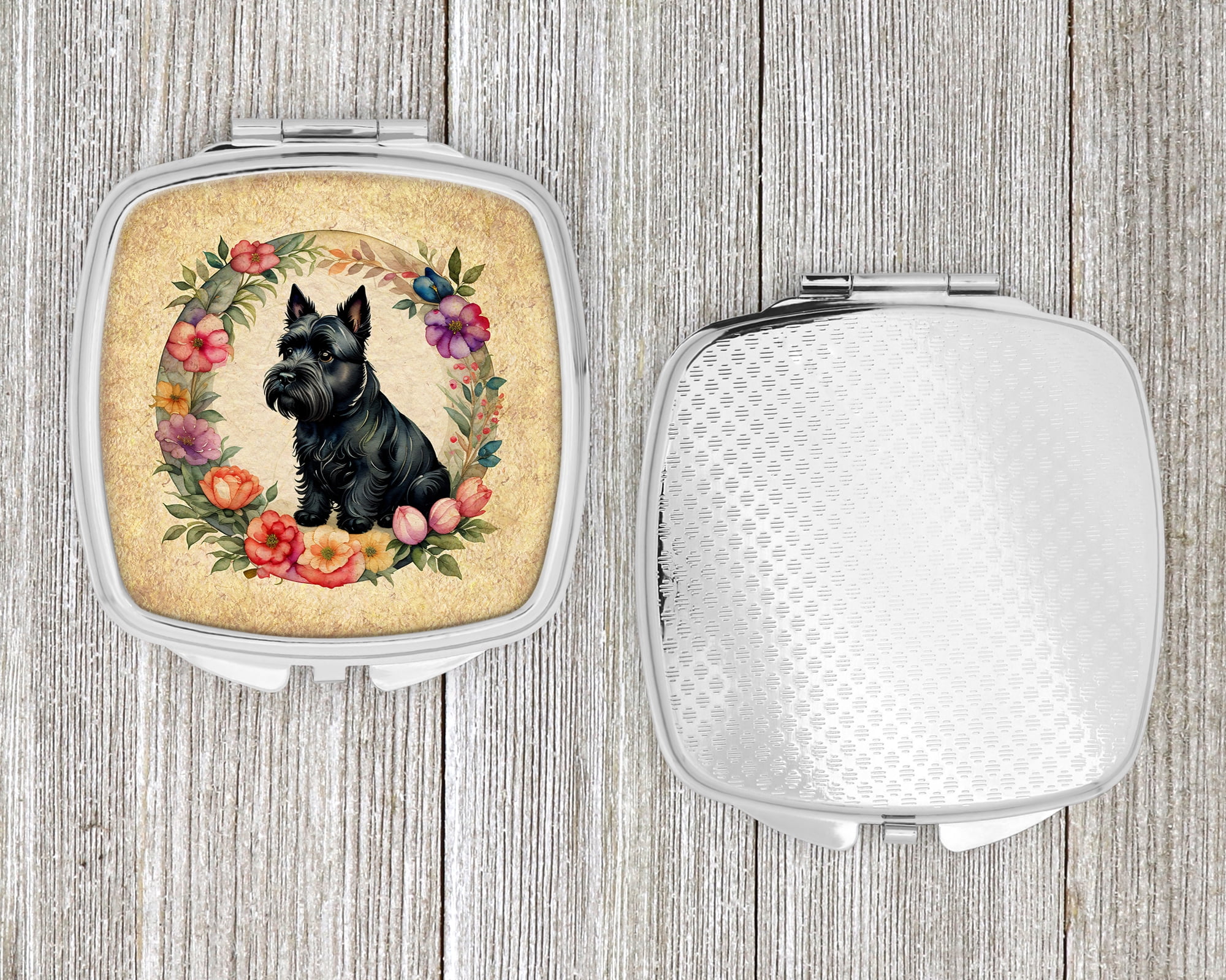 Scottish Terrier and Flowers Compact Mirror 2.75 in x 3 in