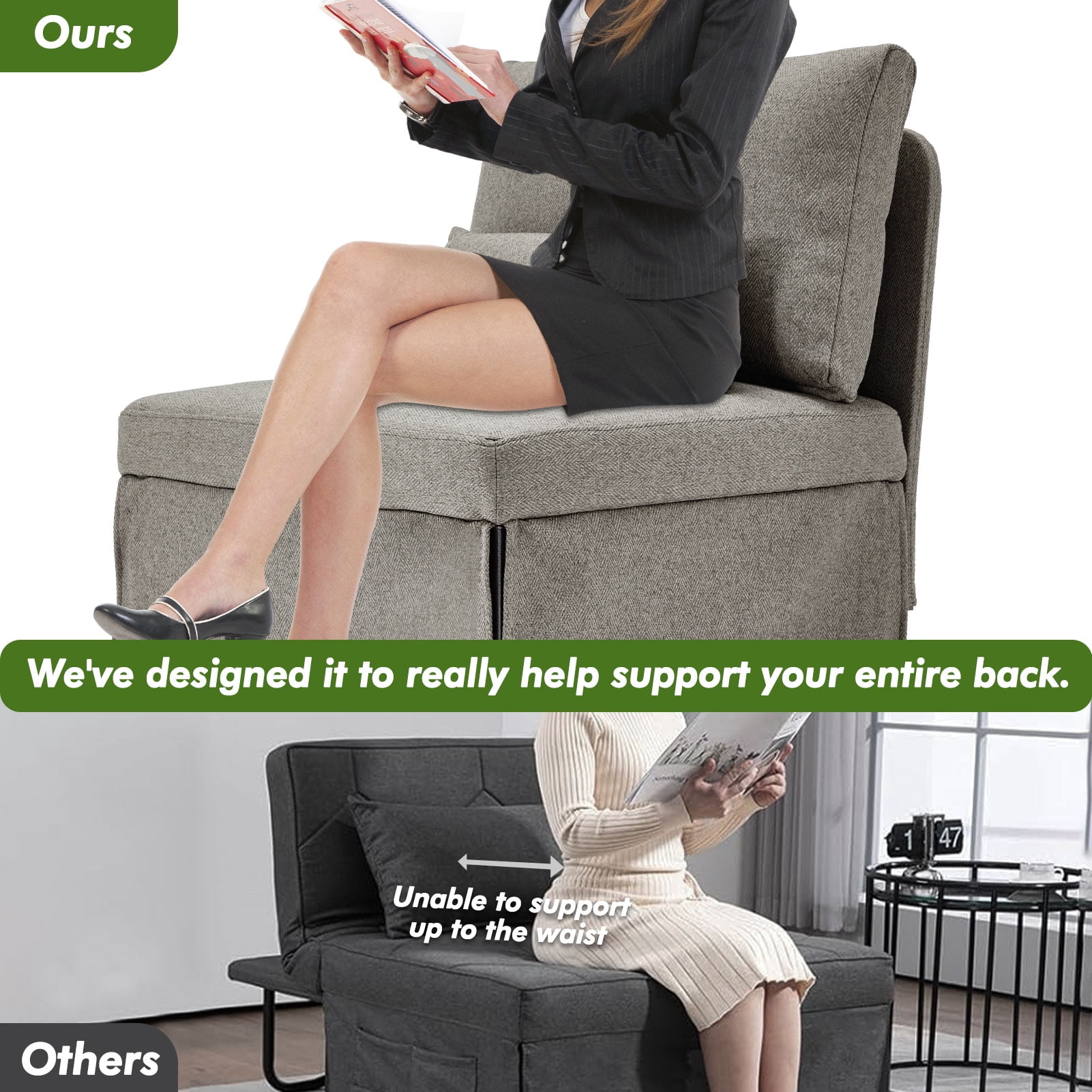 zzw 5-in-1 Convertible Sleeper Sofa Chair, Adjustable Linen Folding Ottoman Bed, Assembly-Free for Apartment Living Room