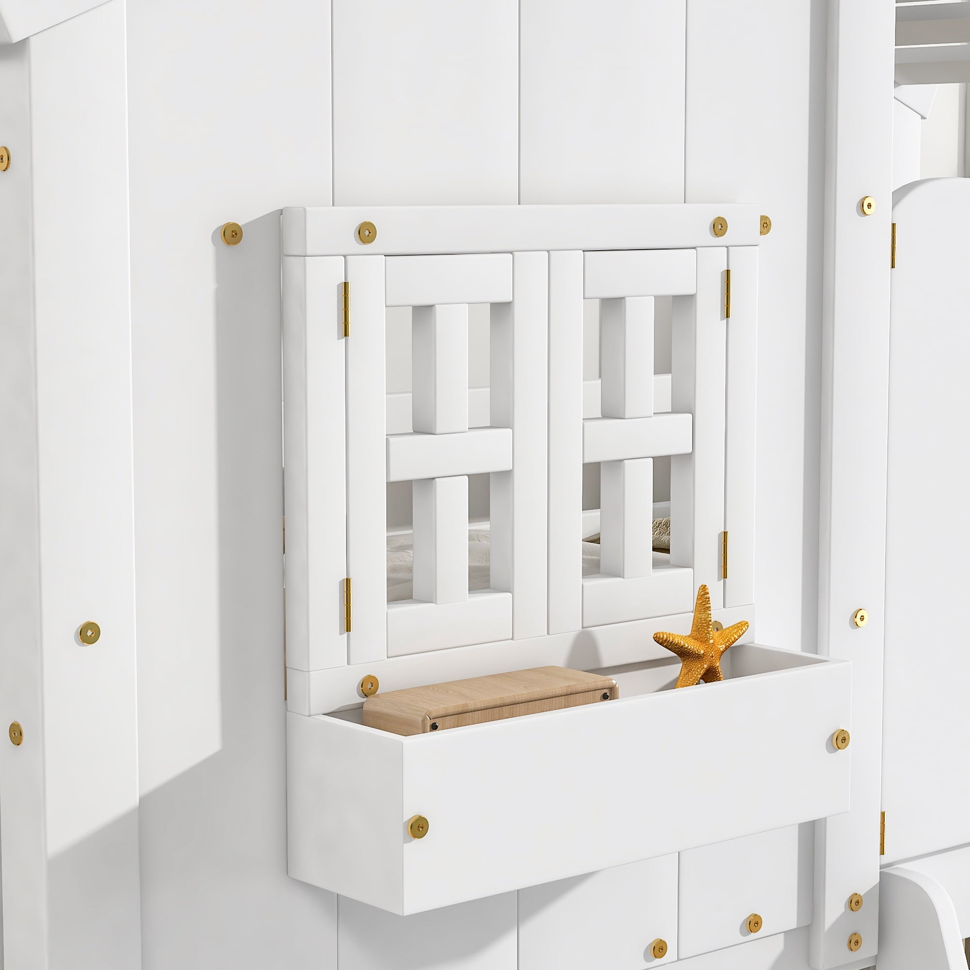 Leumius Twin over Twin Floor Bunk Bed with Ladder and Guardrails, House-Shaped-Bunk Bed with Window and Door for Boys Girls White