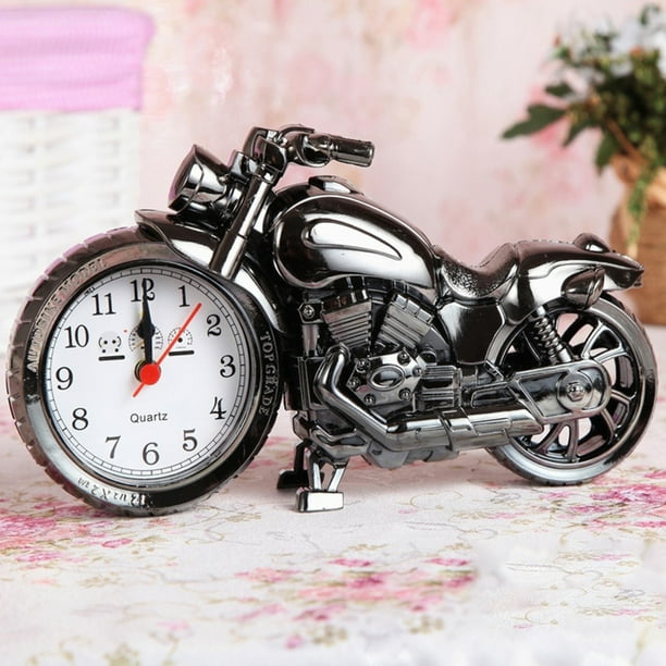 Motorbike Pattern Alarm Clock Desk Clock Creative Birthday Gift Cool Clock, Motorcycle Alarm Clock, Desk Clock, Metal Frame, Wooden Base, 2-Tier Design, Foldable, Portable, Office, Bedroom,
