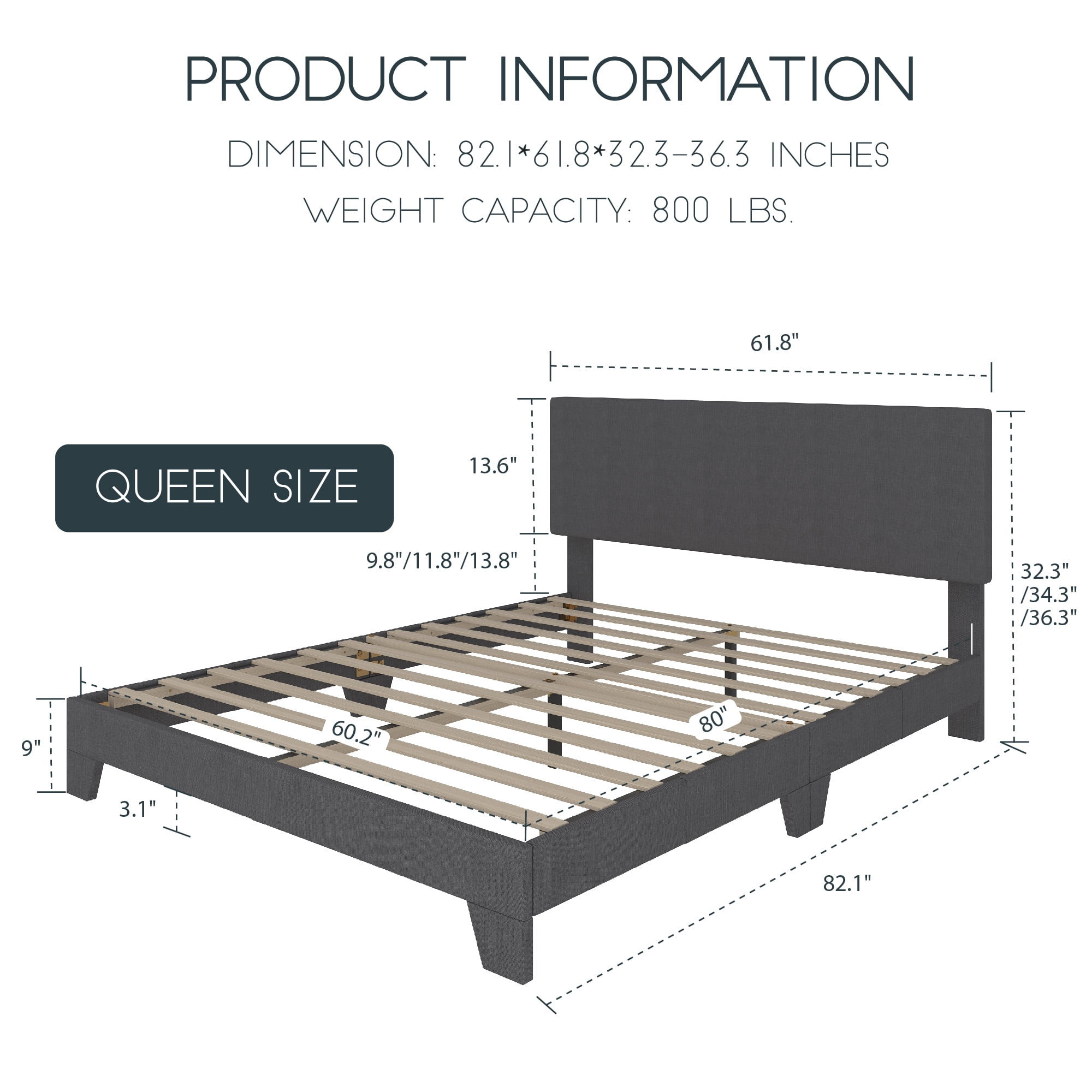 Einfach Queen Size Fabric Upholstered Bed Frame with Adjustable Headboard, No Box Spring Needed, Deep Grey, Low