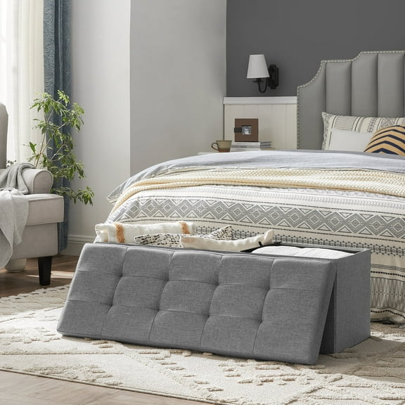 SONGMICS Storage Ottoman Bench, 15 x 43 x 15 Inches, Ottoman with Storage, End of Bed Bench, for Living Room, Bedroom, Light Gray