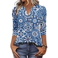 thumbnail image 2 of Domzest V Neck Tops for Women 3/4 Sleeve Boho Floral Print Pleated Button Down Shirts Loose Fit Tunic Blouse Blue L, 2 of 6