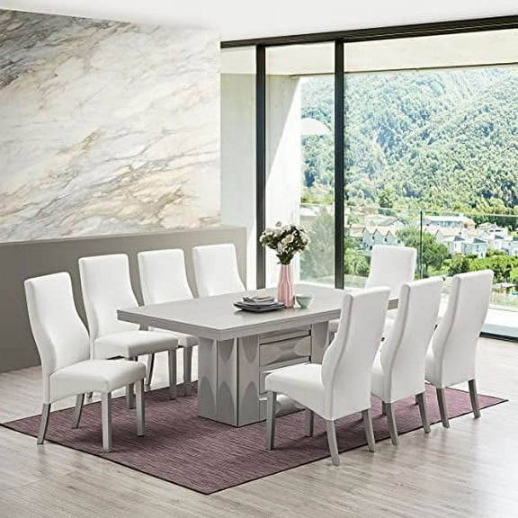 Kings Brand Furniture Avilla 9-Piece Pedestal Wood Dining Set, Table & 8 Chairs, Champagne/White