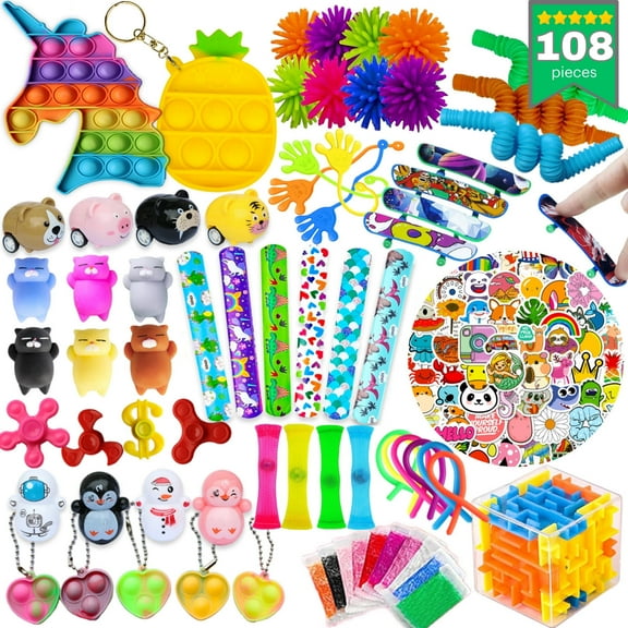 108 Pcs Party Favors for Kids 4-8 8-12, Pop Fidget Toys, Treasure Box for Classroom, Pinata Filler, Goodie Bag Stuffers, Prize Box, Treasure Chest, Classroom Prizes