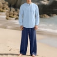 thumbnail image 2 of ZVNAΖH Men's 2-Piece Linen Set Keyhole Neck Long Sleeve Shirt & Wide Leg Pants Hawaiian Vacation Outfit Casual Beach Set, 2 of 8