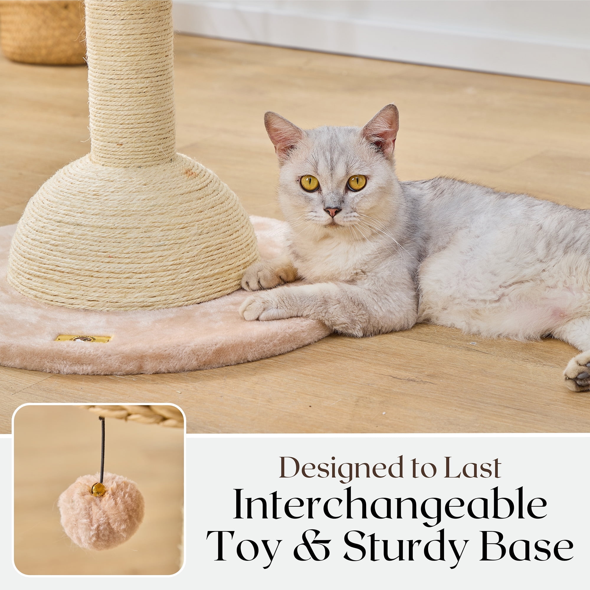 Petpals 29"High 2-Lvl Handwoven Paper Rope Hoodie Cat Basket Bed with Sisal Scratching Post, Beige